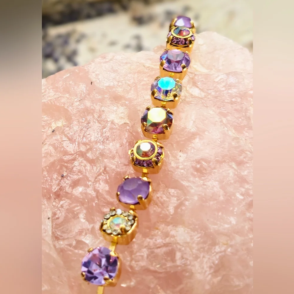 Lavender Violet &  Flower Crystals AB In Classic Tennis Gold Plated Bracelet
